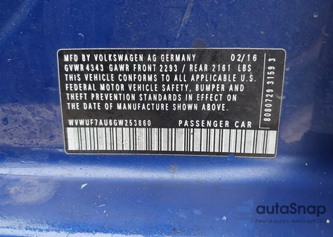 2016 Volkswagen Golf R 4-Door from USA, damaged, VIN WVWUF7AU6GW253860